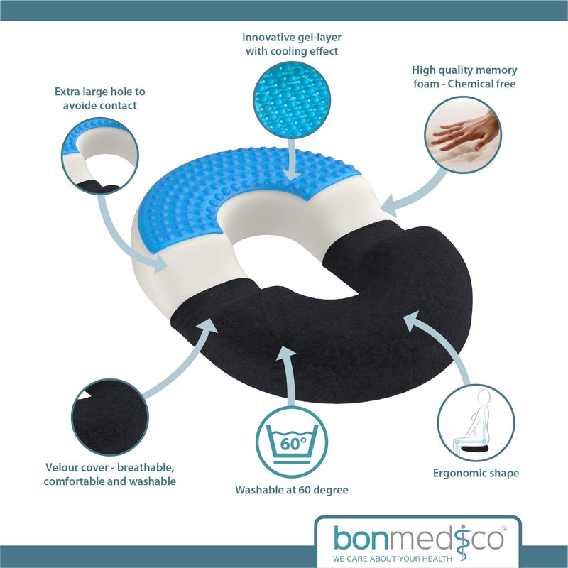[Australia] - bonmedico Medical Doughnut Cushion - Ring Coccyx Cushion with Innovative Gel Layer for Pressure Relief and Bottom Pain Relief - Ideal for Haemorrhoids, Piles, Postnatal Care or as a Wheelchair Cushion Black Velour Large 