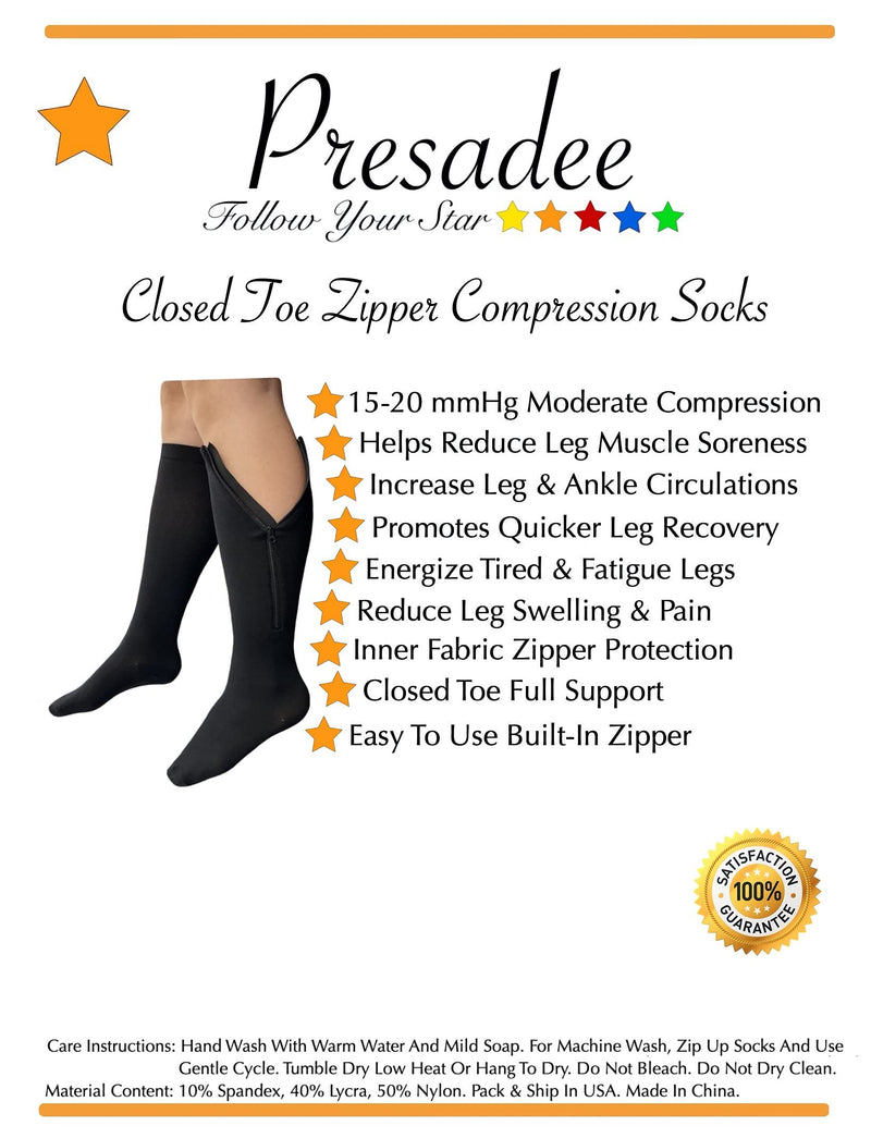 [Australia] - Presadee Closed Toe 15-20 mmHg Zipper Moderate Compression Leg Circulation Socks (Large-X-Large, Black) Large-X-Large 
