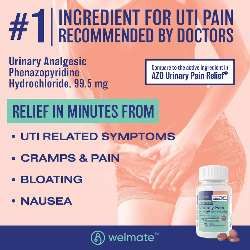 [Australia] - WELMATE Urinary Pain Relief | UTI Relief | Fast Acting | Bladder Discomfort & Pain Relief | Phenazopyridine Hydrochloride 99.5mg | 72 Count Tablets 