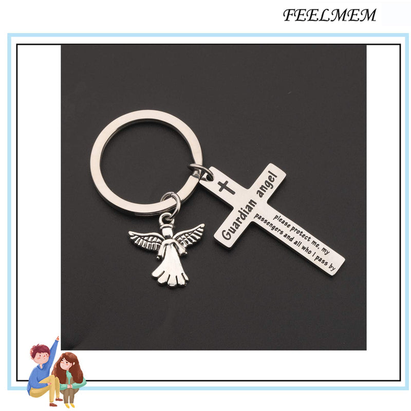 [Australia] - FEELMEM Guardian Angel Prayer Cross Keychain Guardian Angel Protect Me My Passengers and All Who I Pass by Safe Drive Safe Trip Travel Safely Keyring Motorist Prayer Gift Biker Gift silver 