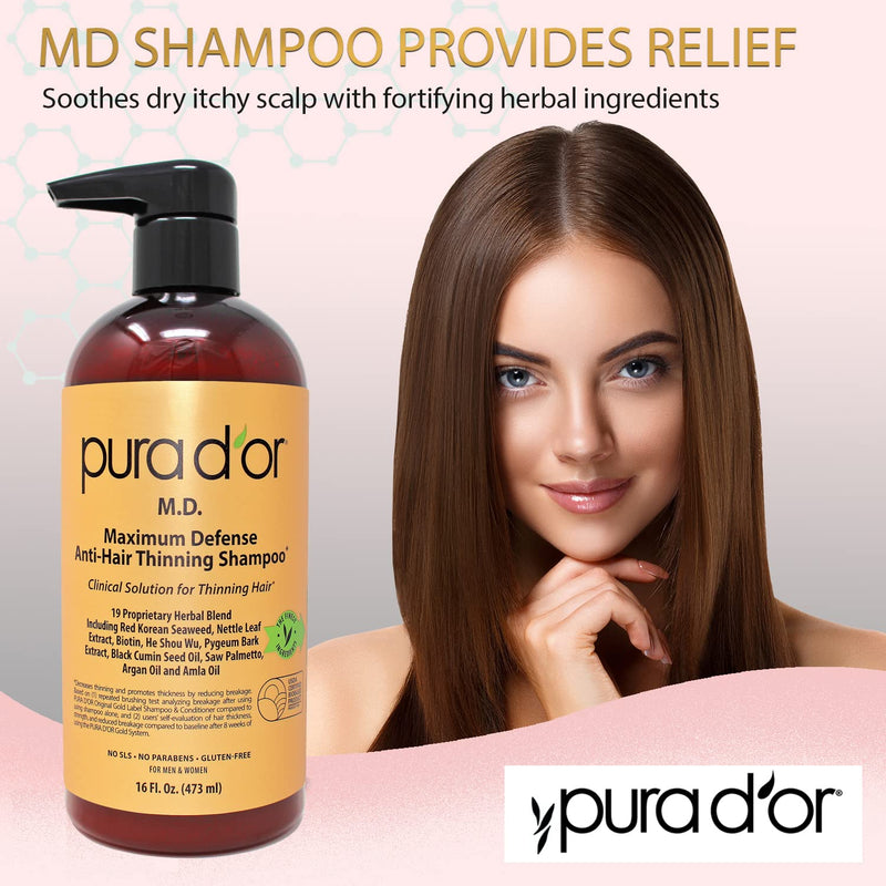 [Australia] - PURA D’OR MD Anti-Hair Thinning Shampoo w/ 0.5% Coal Tar, Biotin Shampoo (16oz) 19+ DHT Herbal Blend for Dry & Itchy Scalp, No Sulfates, For Men & Women (Packaging Varies) 