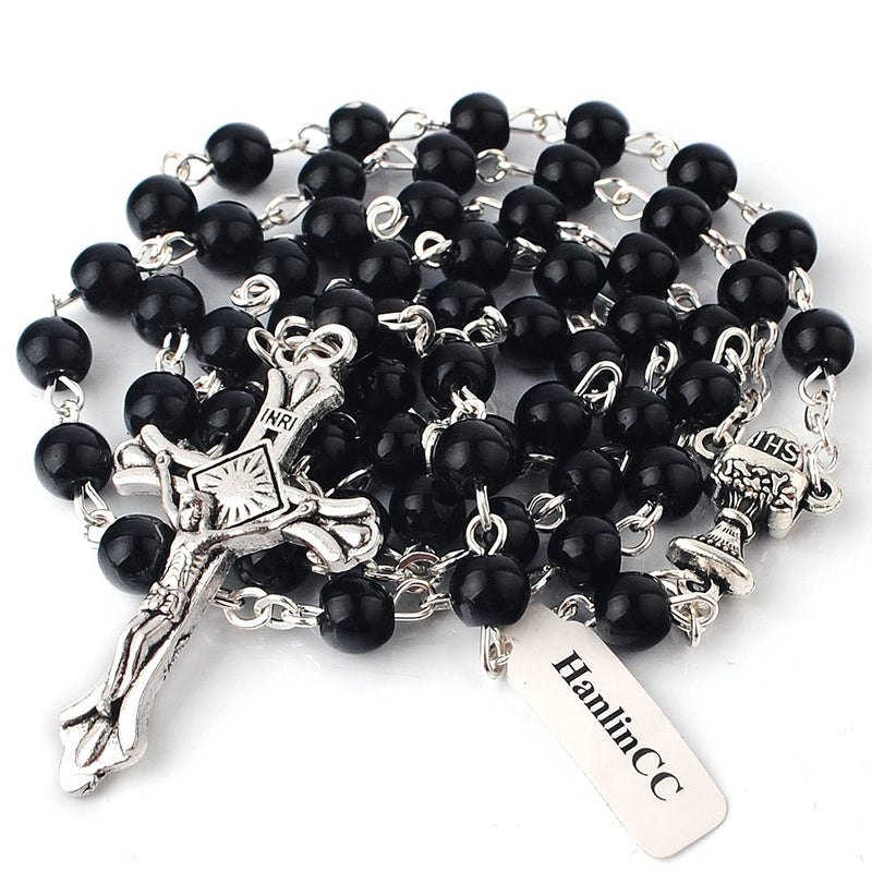 [Australia] - HanlinCC Girls and Boys First Communion Rosary Necklace with Silver Zinc Alloy Rosary Box Black Pearl First Communion Rosary with Box for Boy 