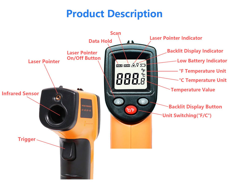 [Australia] - LIJUST Infrared Thermometer Temperature Gun, Digital Thermometer Non-Contact Laser Infrared Ir Thermometer Gun(Not for Human) -58℉～752℉(-50℃～400℃) - Kitchen Cooking Gun, Freezer Oven Thermometer 