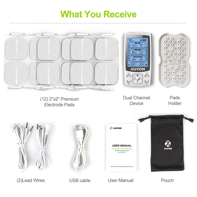 [Australia] - AUVON Dual Channel TENS EMS Unit 24 Modes Muscle Stimulator for Pain Relief, Rechargeable TENS Machine Massager with 12 Pads, ABS Pads Holder, USB Cable and Dust-Proof Storage Bag 