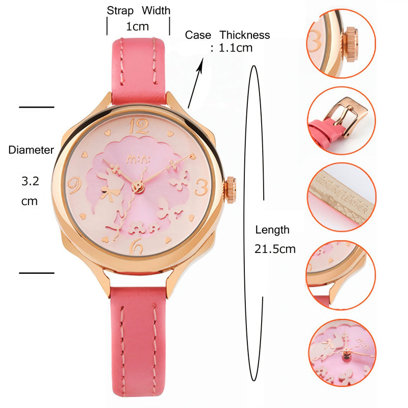 [Australia] - 3D Bowknot Rabbit Butterfly Girl's Women's Wrist Watches for Students Genuine Leather Strap Pink 