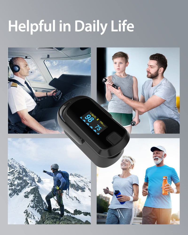 [Australia] - MIBEST Black OLED Finger Pulse Oximeter - Blood Oxygen Saturation Monitor - SPO2 Pulse Oximeter - Portable Oxygen Sensor with Included Batteries - O2 Saturation Monitor with Respiration Rate and PI 