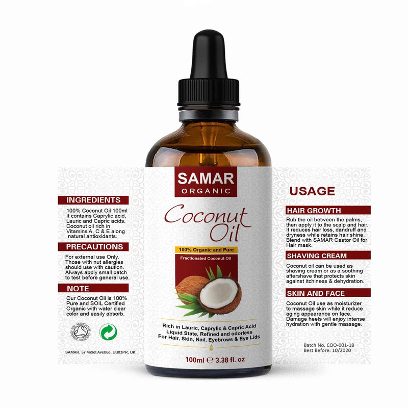 [Australia] - Coconut Oil - Premium Quality 100% Pure and Certified Organic Fractionated Coconut Oil (Not Greasy) Vegan, Cruelty Free. Ideal as Moisturizing Skin, Hair and Face. Sun Protection, After Shave - 100ml 100 ml (Pack of 1) 