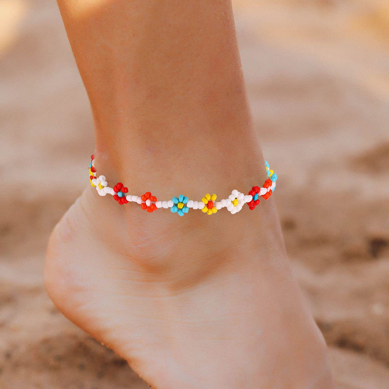 [Australia] - Beaded Anklets for Women Boho Cute Daisy Flower Bead Ankle Bracelets Handmade Waterproof Surfer Anklet Summer Beach Foot Jewelry for Women Teen Girls Colorful flower bead anklet 