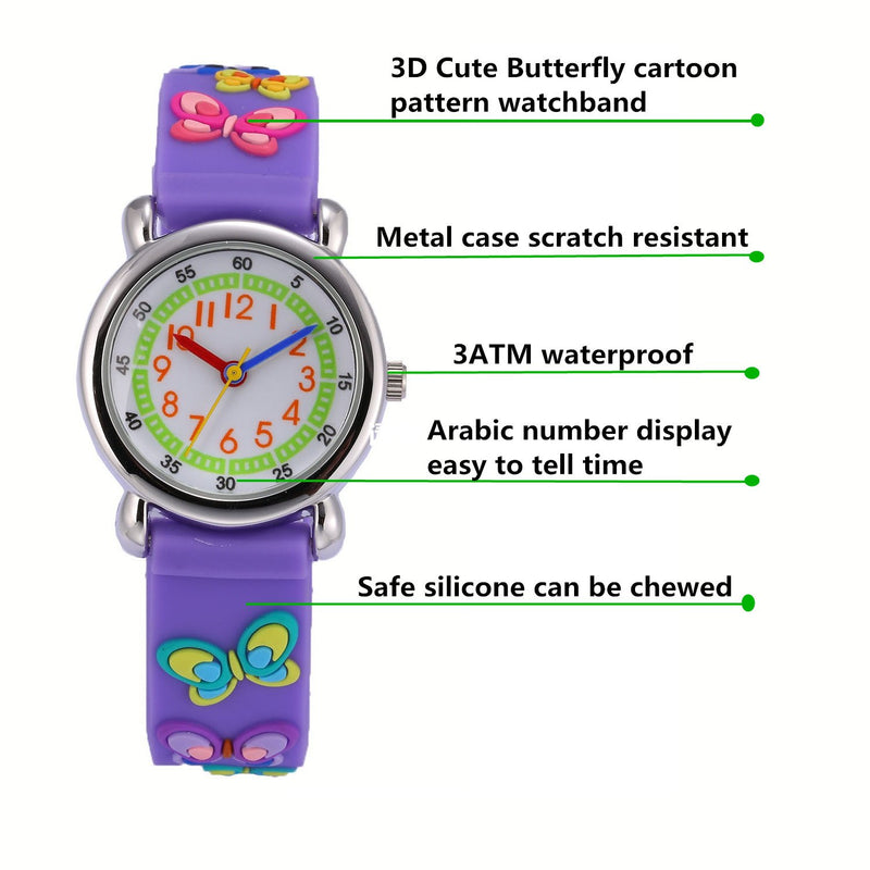 [Australia] - Jewtme Kids Time Teacher Watches 3D Cute Cartoon Silicone Children Toddler Butterfly Wrist Watches for Ages 3-10 Boys Girls Little Child Butterfly Purple 