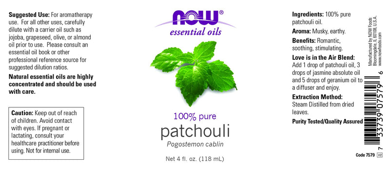 [Australia] - NOW Essential Oils, Patchouli Oil, Earthy Aromatherapy Scent, Steam Distilled, 100% Pure, Vegan, Child Resistant Cap, 4-Ounce 4 Fl Oz (Pack of 1) 