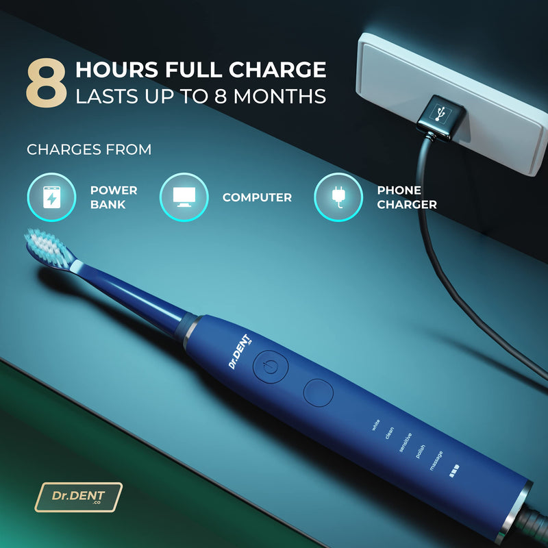 [Australia] - DrDent Premium Sonic Electric Toothbrush - 7 Dupont Brush Heads & Travel Case - 5 Cleaning Modes with Smart Timer - Extended Battery Life - One Charge Lasts for 8 Months 