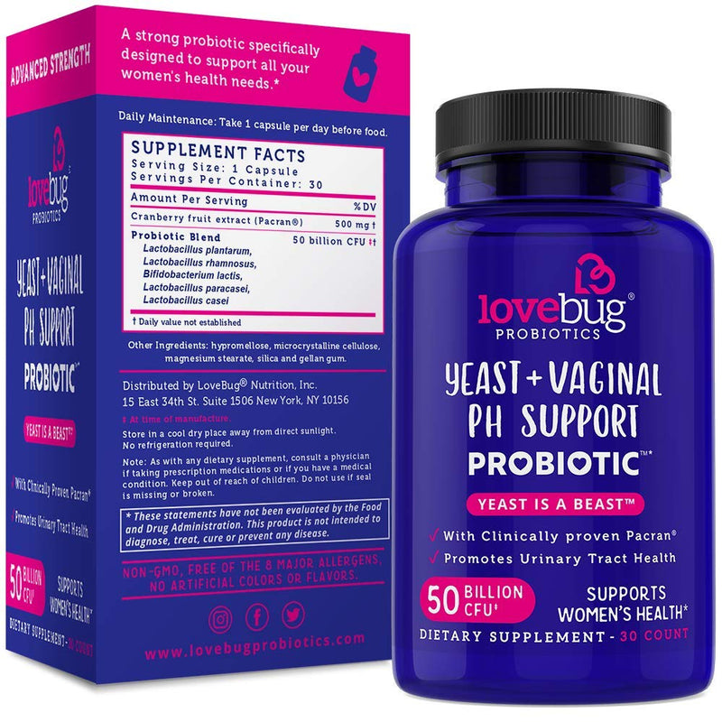 [Australia] - Lovebug Yeast + Vaginal pH Support | Clinically Studied Ingredients for Yeast & UTIs | Multi Strain 50 Billion CFU | 30 Capsules 30 Count (Pack of 1) 