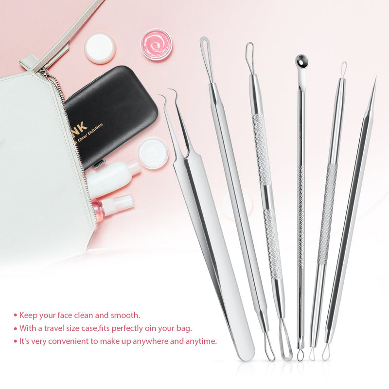 [Australia] - JPNK 6 PCS Blackhead Remover Comedones Extractor Acne Removal Kit for Blemish, Whitehead Popping, Zit Removing for Nose Face Tools with a Leather bag(Silver) Silver 