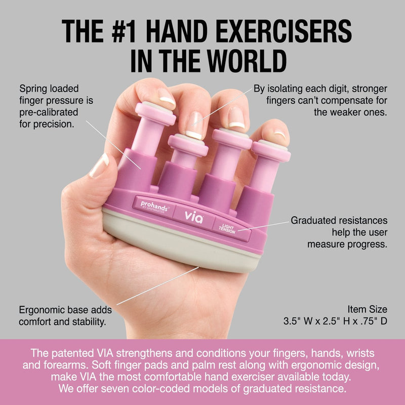 [Australia] - PROHANDS VIA Hand Exerciser, Finger Exerciser (Hand Grip Strengthener), Spring-Loaded, Finger-Piston System, Isolate and Exercise Each Finger 4 lb (Light Tension) Pink - Via 