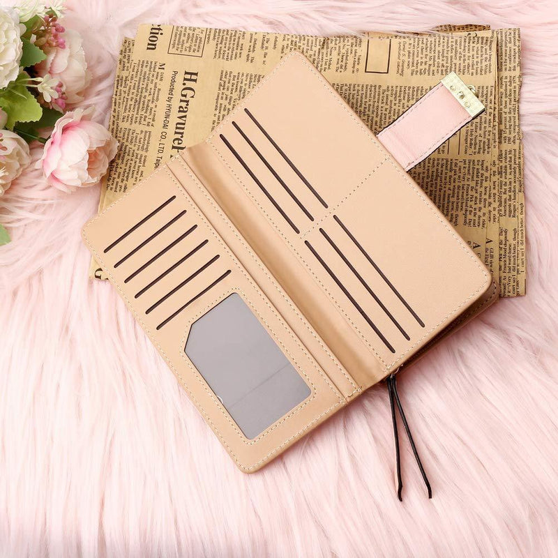 [Australia] - Pink Leather Long Purse, Cute Women Leather Wallet Purses Women Fashion Long Purse Ladies Purse Clutch Holder Case Leaf Pendant Coin Zipper Long Purse Pink 1 