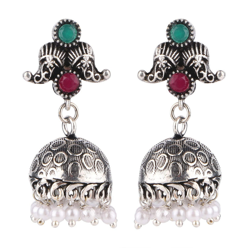 [Australia] - Efulgenz Boho Vintage Antique Ethnic Gypsy Indian Oxidized Silver Crystal Cubic Zirconia Bridal Necklace Earrings Jewelry Set Pink,Green 