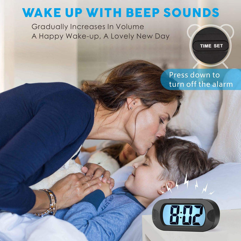 [Australia] - Digital Alarm Clock - Plumeet Travel Clock with Snooze and Nightlight - Easy to Set Simple Bedside Alarm Clocks for Kids - Ascending Sound - Battery Powered (Black) Black 