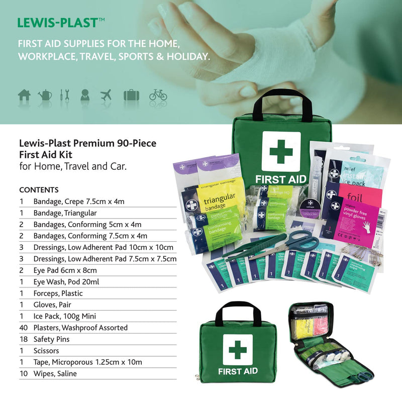 [Australia] - LEWIS-PLAST Premium First Aid Kit For Home Car Holiday And Workplace - Includes Bandages, Eye Pods, Ice Packs And Essentials For Everyday Situations, 90 Count (Pack of 1) 90 Count (Pack of 1) single 