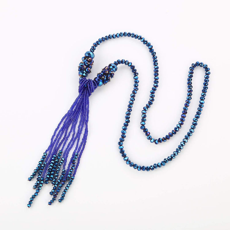 [Australia] - BaubleStar Multi-Color Crystal Beads Strand Knot Long Beaded Tassel Necklace for Women Girls Mixed Blue 