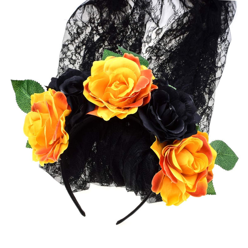 [Australia] - Day of the Dead Headpiece Rose Floral Crown Halloween Costume Mexican Headband with Veil (Green Leaf Black and Orange Rose Flower) Green Leaf Black and Orange Rose Flower 