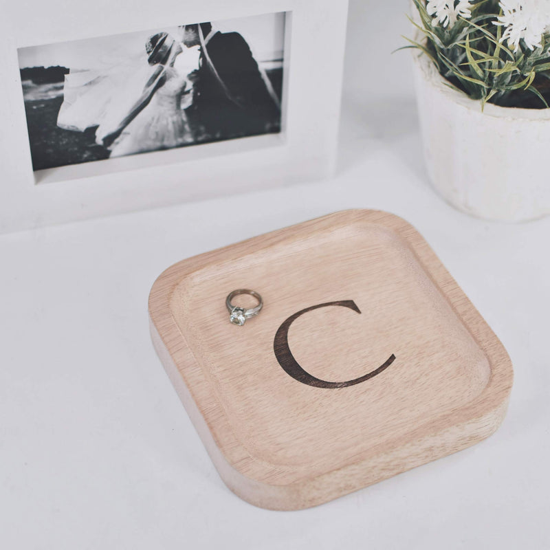 [Australia] - Solid Wood Personalized Initial Letter Jewelry Display Tray Decorative Trinket Dish Gifts For Rings Earrings Necklaces Bracelet Watch Holder (6"x6" Sq Natural "C") ุ6"x6" Sq Natural "C" 