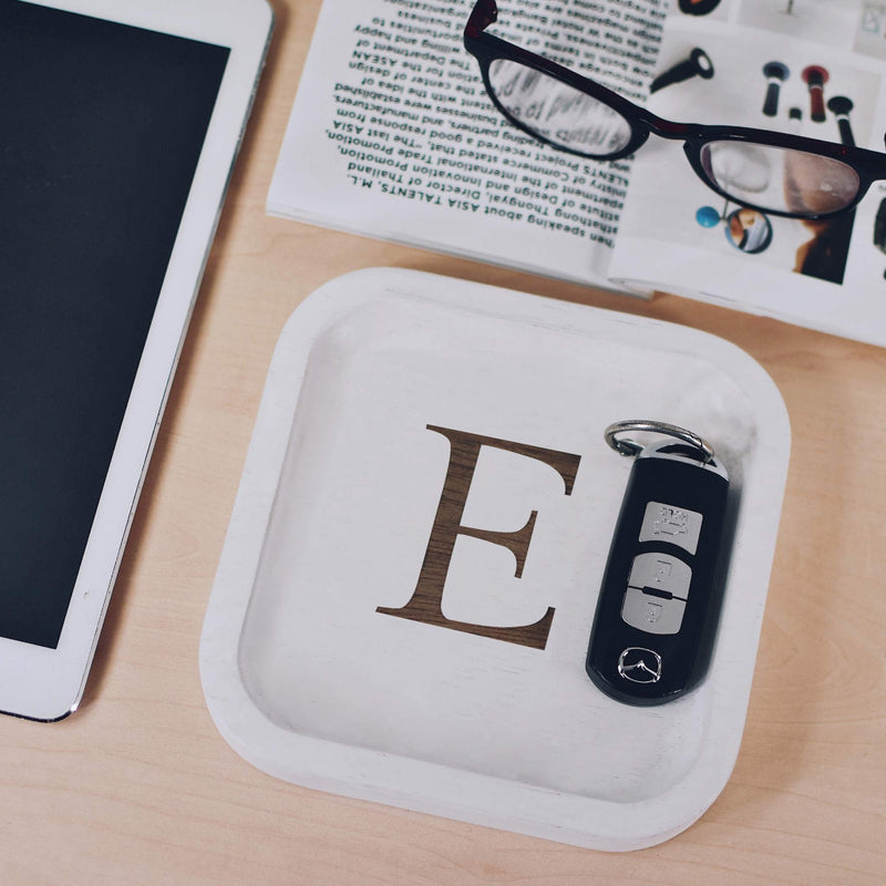 [Australia] - Solid Wood Personalized Initial Letter Jewelry Display Tray Decorative Trinket Dish Gifts For Rings Earrings Necklaces Bracelet Watch Holder (6"x6" Sq White "E") 6"x6" Sq White "E" 