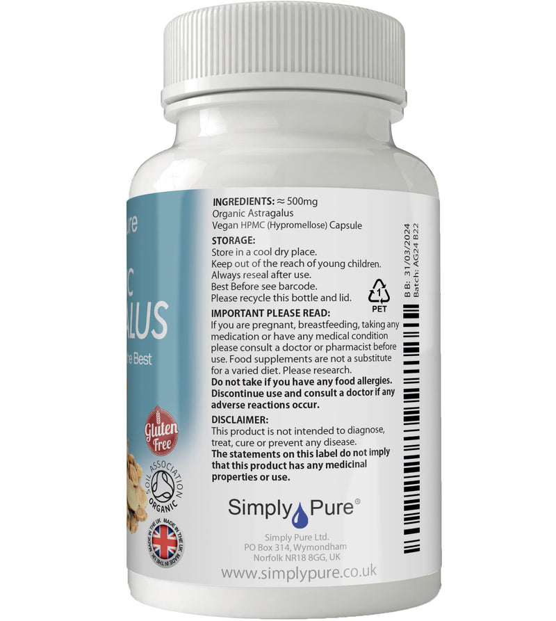 [Australia] - Simply Pure Organic Astragalus Capsules x 90, 500mg, 100% Natural Soil Association Certified, Gluten Free, GM Free and Vegan. 