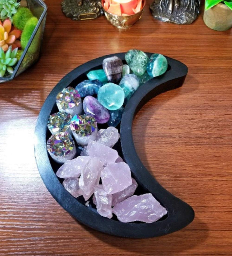 [Australia] - T one woods Wooden Tray for Crystal (Set of Two) | Wooden Tray for Stones | Wooden Crystal Organizer | Wooden Moon Tray | Tray for Jewellery | Organizer for Stone (Both Trays) Both(black & Brown) 
