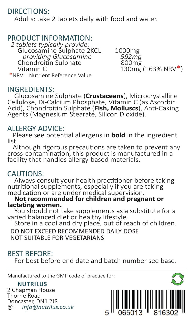 [Australia] - Glucosamine and Chondroitin 180 Tablets with Vitamin C - High Strength Supplement - UK Made - Up to 3 Months Supply - 1000mg Per Serving - Joint Support 