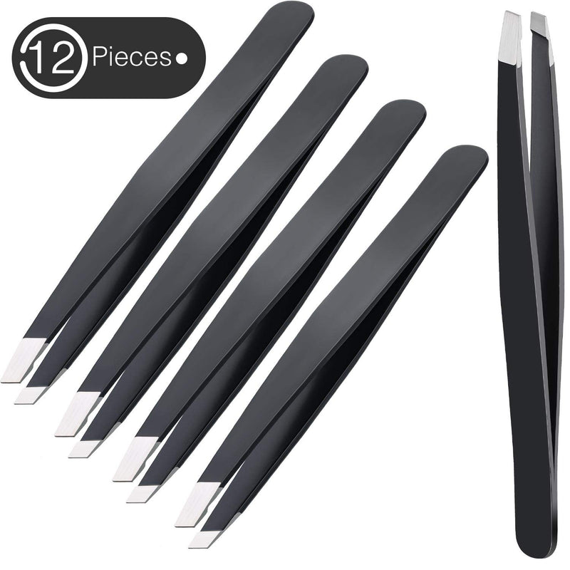 [Australia] - 12 Pieces Slant Tweezers Stainless Steel Slant Tip Tweezers Precision Facial Hair Tweezers Eyebrow Tweezers for Men and Women (Black) Black 