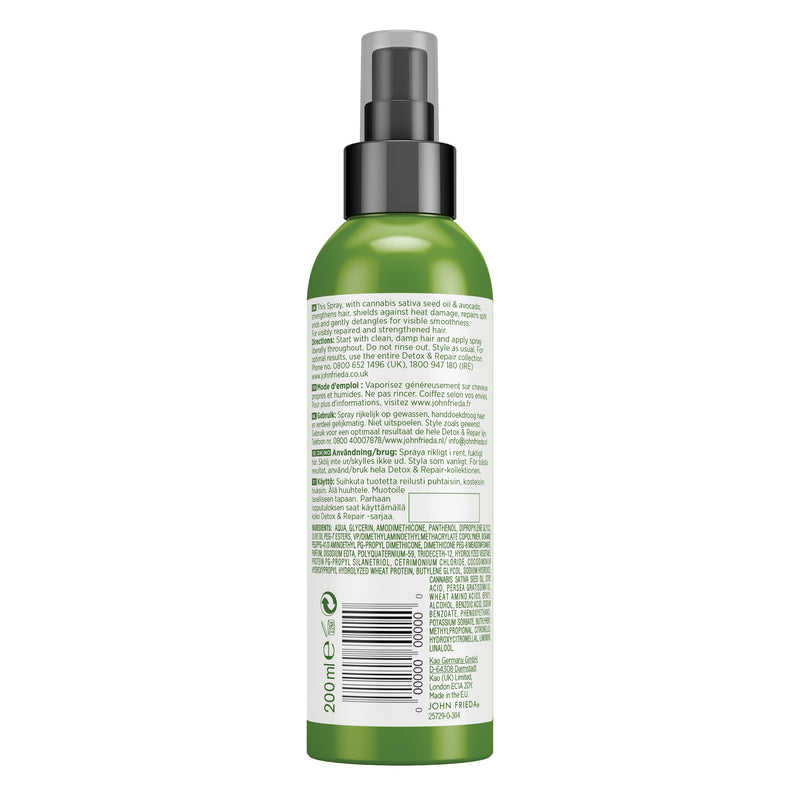 [Australia] - John Frieda Detox & Repair Care & Protect Heat Protection Spray 200ml for Dry, Stressed & Damaged Hair with Cannabis Sativa Seed Oil & Avocado Detox + Repair 