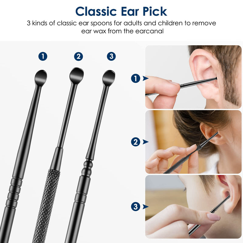 [Australia] - Ear Cleaning Kit,Safe Ear Wax Removal Tool,Earwax Removal Kit,Easy to Use,Painless Ear Pick,with Storage Box and Cleaning Brush (Black) Black 