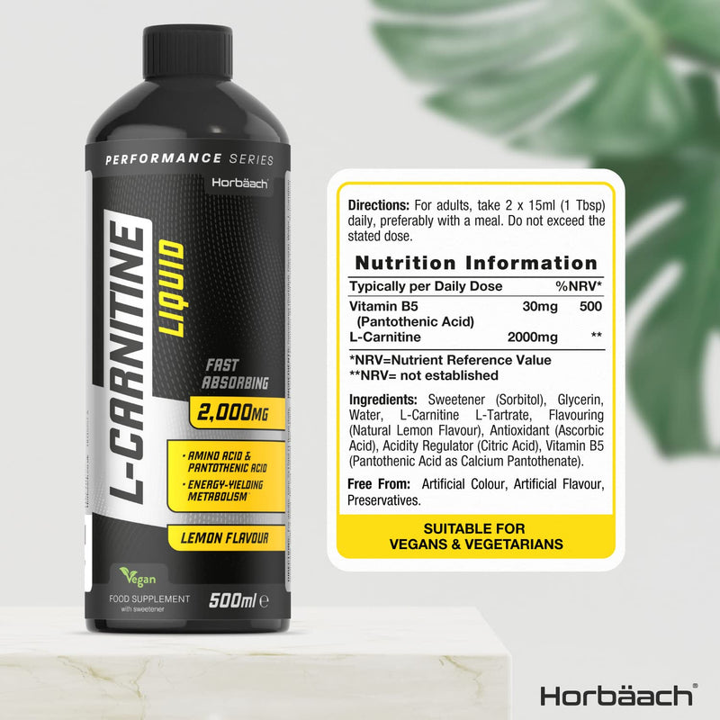 [Australia] - L-Carnitine Liquid 2000mg | 500ml | Vegan | Rapid Absorption Carnitine | Lemon Flavour | Workout Supplement | No Artificial Preservatives | by Horbaach 