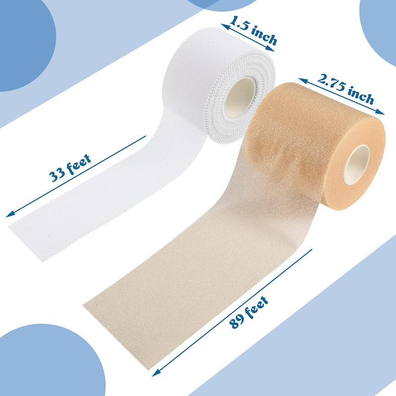 [Australia] - 4 Rolls Athletic Tape Foam Underwrap Kit Foam Prewrap Sports Tape Athletic Easy to Tear Ankle Tape for Climbing Boxing Football Trainers 2.75 Inch by 89 Feet, 1.5 Inch by 33 Feet (White, Beige) White, Beige 