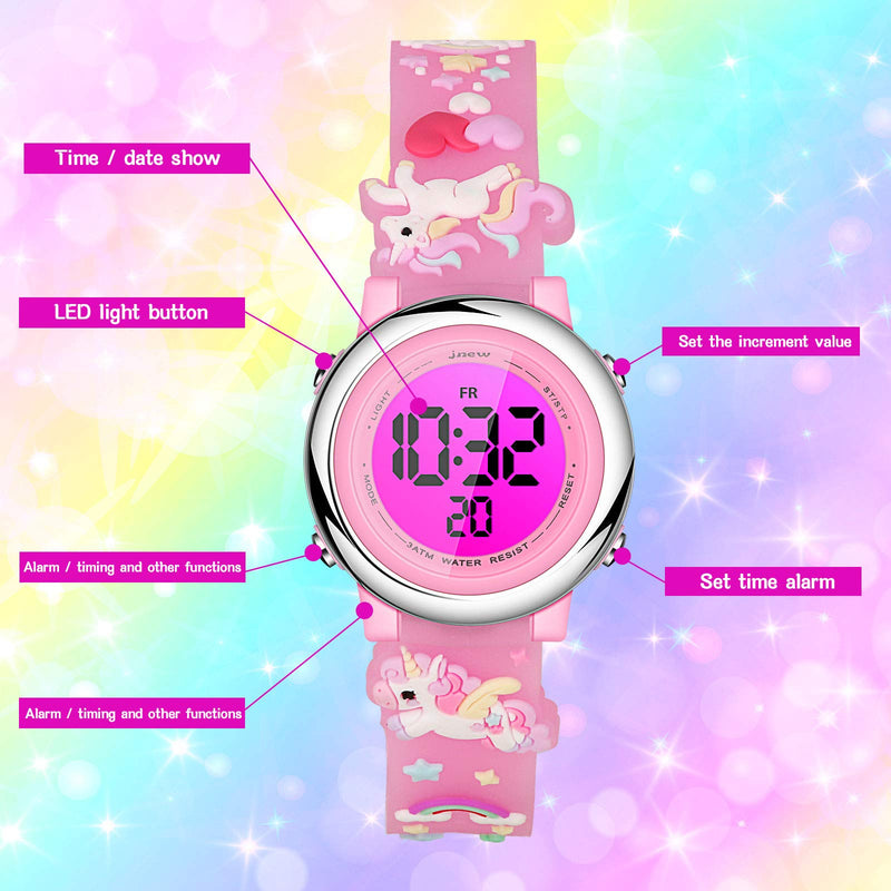 [Australia] - 2 Pieces Unicorn Kids Watch and Silicone Wristband Cute 3D Cartoon Waterproof Toddler Wrist Digital Watch 7 Color Lights Watch with Alarm Stopwatch for 3-10 Year Girls Lovely Pink 