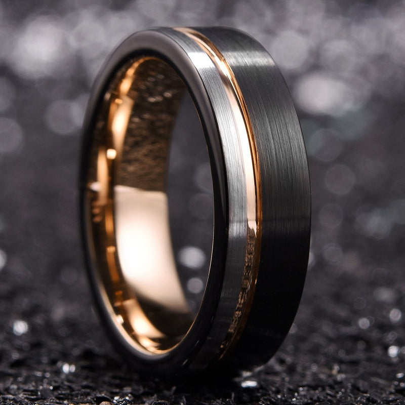 [Australia] - King Will LOOP Tungsten Carbide Wedding Band 6mm/8mm Rose Gold Line Ring Black and Silver Brushed Comfort Fit 5 