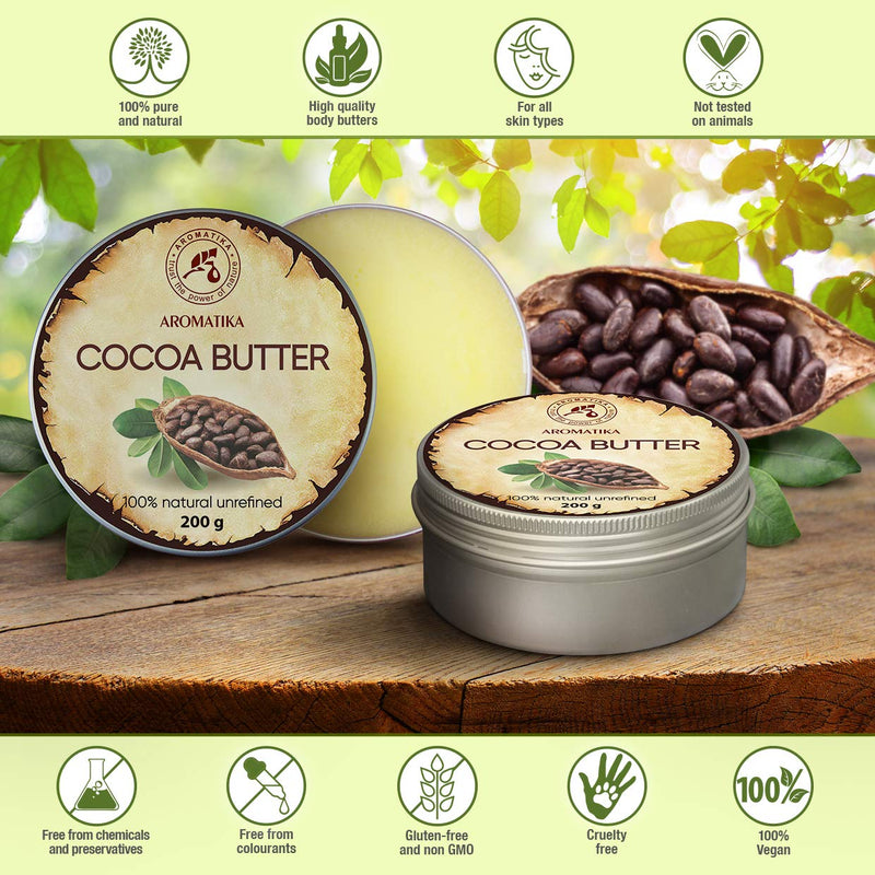 [Australia] - Cocoa Butter Pure & Natural 200g - Burkina Faso - Theobroma Cacao Seed Butter - Great Benefits for Skin - Hair - Face - Body - Lip care - Cacao Butters 