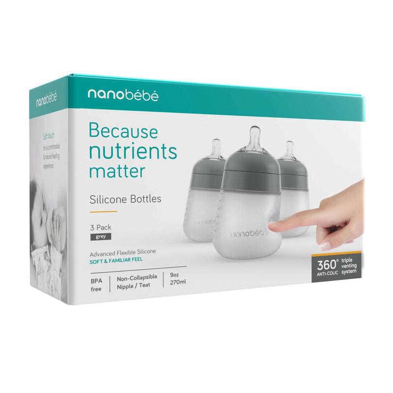 [Australia] - Nanobebe Flexy Silicone Baby Bottles, Anti-Colic, Natural Feel, Non-Collapsing Nipple, Non-Tip Stable Base, Easy to Clean, 3-Pack, Gray, 270ml 3 Count (Pack of 1) Grey 