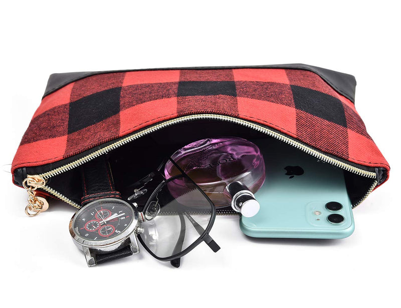 [Australia] - Buffalo Plaid Makeup bag Clutch Purse with Tassel Zipper, Checked Plaid Women Cosmetic Toiletry Bag Everyday Lightweight Claus Tote (red black buffalo plaid) red black buffalo plaid 