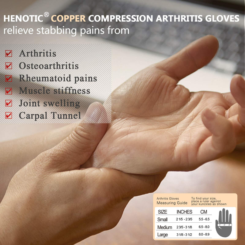 [Australia] - HENOTIC Copper Compression Gloves for Women Men, Fingerless Breathable & Moisture Wicking Arthritis Compression Gloves for Relieving Carpal Tunnel Aches, Rheumatoid Pains, Joint Swell Large: 3 1/8''-3 1/2'' One Pair 