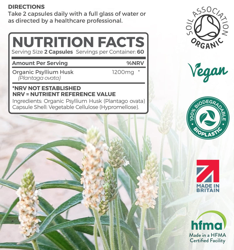 [Australia] - Organic Psyllium Husk Capsules 1200mg Serving - Prebiotic Soluble Fibre Supplement - Natural Bloating Relief & Stool Softener | 120 Capsules - Zero Fillers 100% Pure Psyllium Husk 