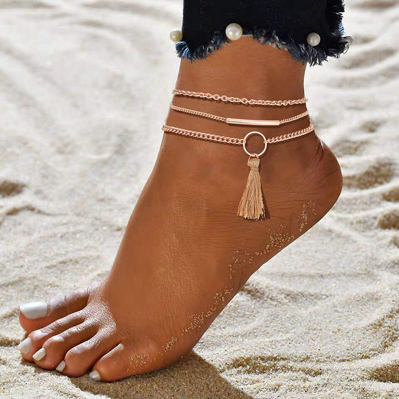 [Australia] - NVENF 9PCS Anklets for Women Layered Chain Ankle Bracelets Set Bohemia Heart Sequin Charm Anklets Adjustable Summer Beach Foot Jewelry Rose Gold 9pcs 