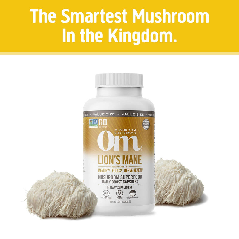 [Australia] - Om Mushroom Superfood Lion's Mane Mushroom Capsules Superfood Supplement, 180 Count, 60 Days, Fruit Body and Mycelium Nootropic for Memory Support, Focus, Clarity, Nerve Health, Creativity and Mood Lion's Mane Capsules 180 Count (Pack of 1) 