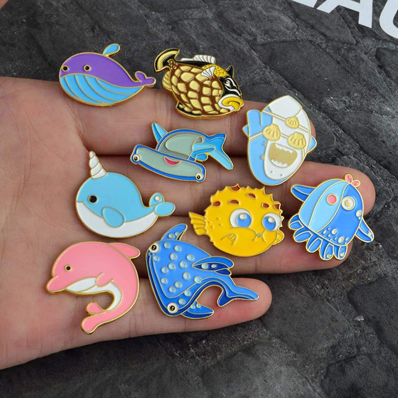 [Australia] - MJartoria Cute Cartoon Pin Ocean Style Fish Dolphin Novelty Cartoon Enamel Brooch Pin Badges Set (dolphin-9pcs) 