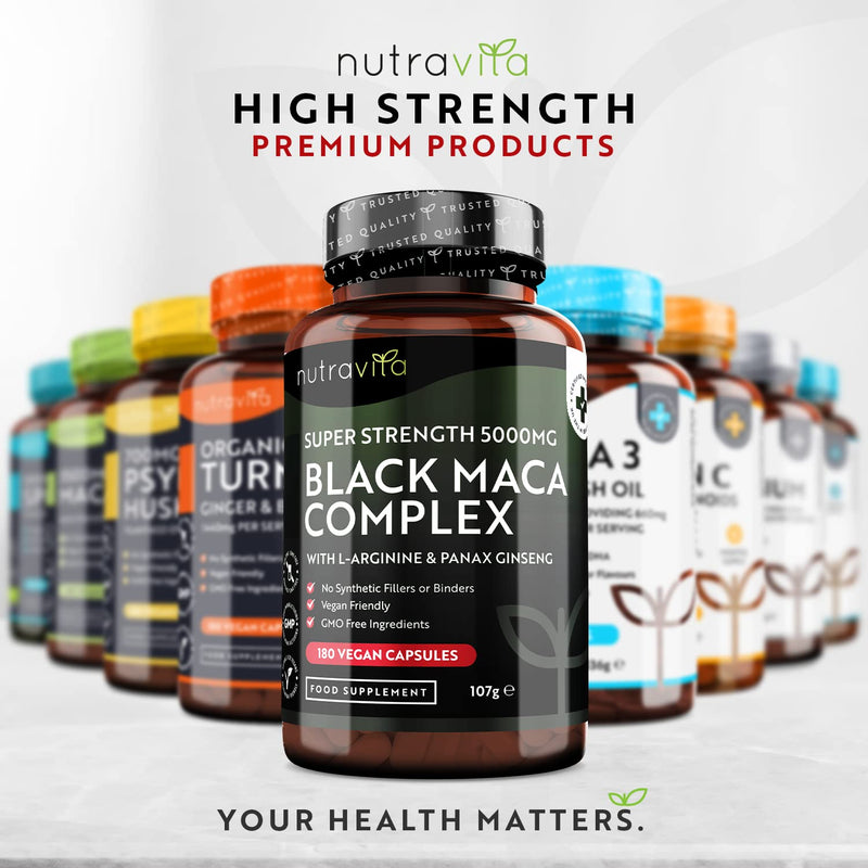 [Australia] - Maca Root Capsules 5000mg (High Strength) – 180 Vegan Black Maca Capsules (6 Month Supply) – Not Tablets – 100% Peruvian Maca – with L-Arginine, Panax Ginseng & Black Pepper – Made in UK by Nutravita 