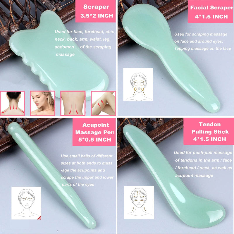 [Australia] - Gua Sha Set, 4 Pack Gua Sha Facial Massage Tool Aventurine Jade Stone Guasha Beauty Skin Care Tool for Face and Body, Birthday/Christmas/Mothers Day/Valentines Day Gifts for Women 4 Pack Green 