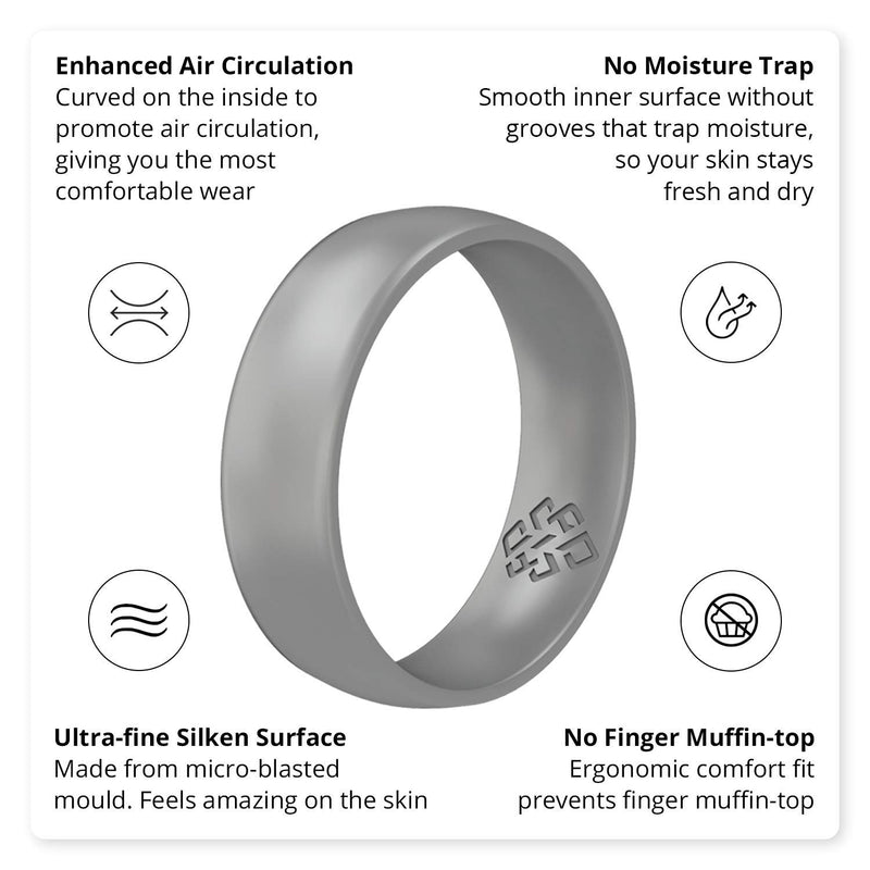 [Australia] - Knot Theory Silicone Wedding Rings for Men and Women - True Comfort Fit Premium Rubber Ring Bands in Rose Gold, Silver - Husband Wife Gift - Custom Engraving Silver Comfort Fit - Engraving Size 8 ~ 8.5 (6mm Band) 