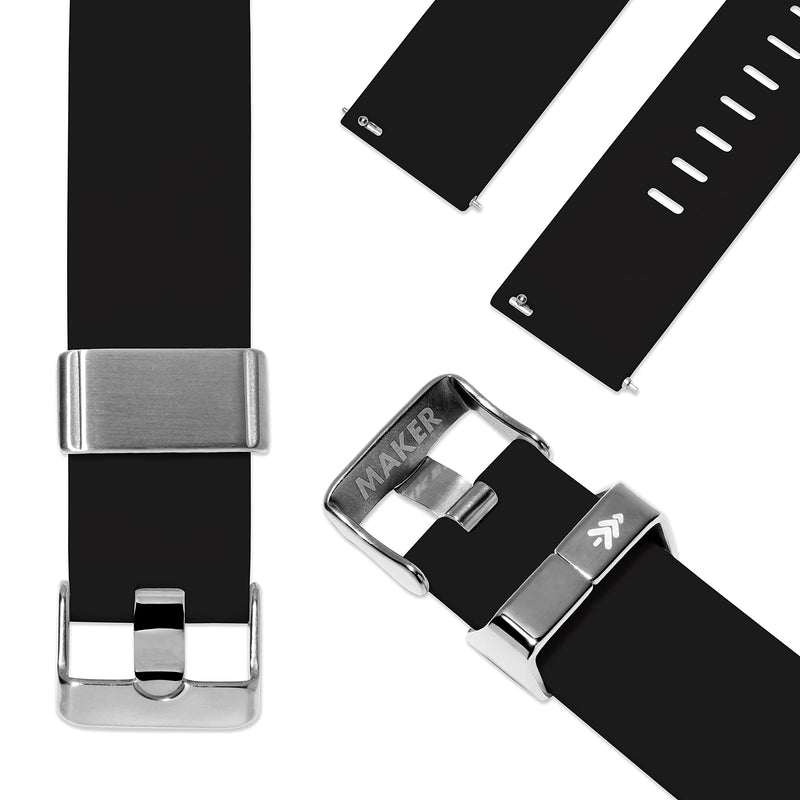 [Australia] - Maker Watch Co. | Soft Silicone Quick Release Replacement Watch Strap | Multiple Colors | 18MM, 20MM, 22MM | Engravable Steel Buckle Black 