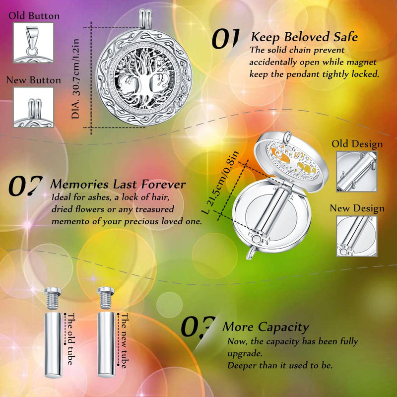 [Australia] - Ado Glo Christmas Memorial Gifts, Always in My Heart with 1 or 2 Vials Urn Locket Pendant Necklace, Tree of Life Cremation Jewelry for Ashes, Keepsake for Dad Sister Grandma Aunt Wife Daughter Mom 01_Single Vial_Silver 