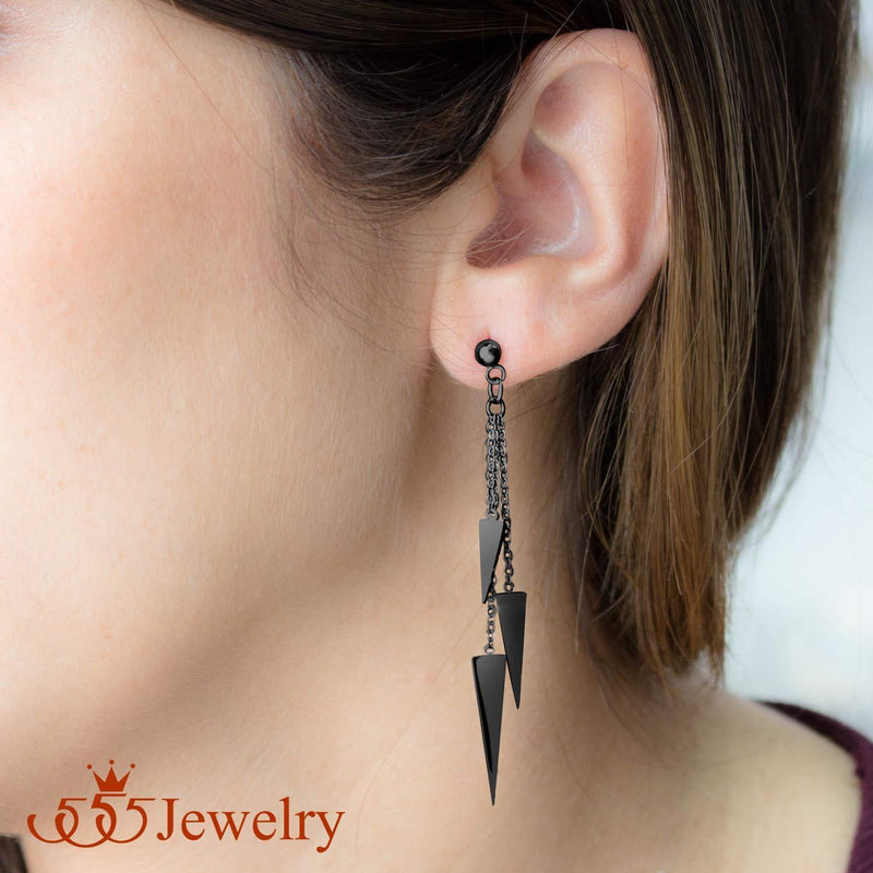 [Australia] - 555Jewelry Womens Stainless Steel Triple Triangle Dangle Hanging Stud Earrings Black 